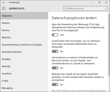 Datenschutzeinstellungen Windows 10